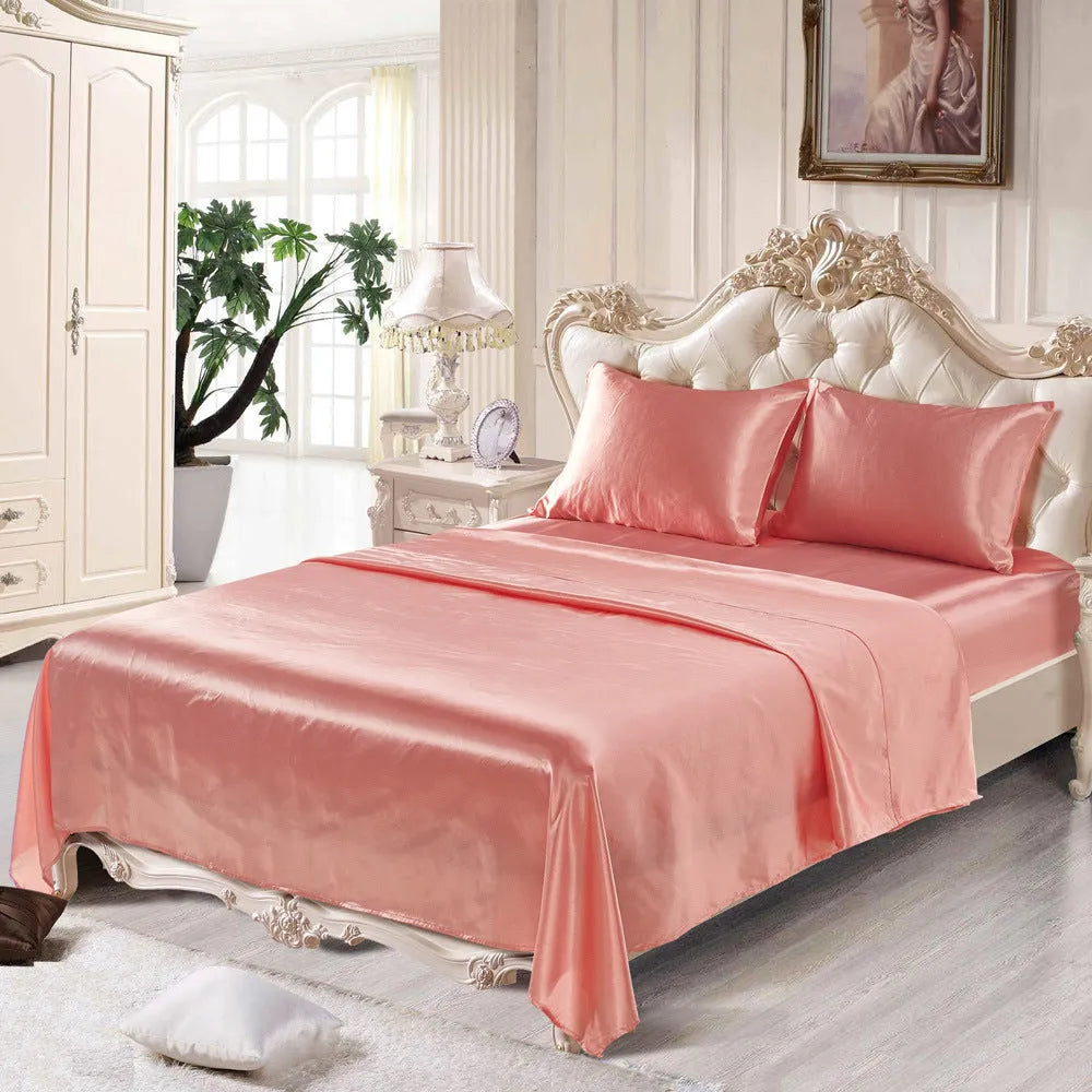 Imitation silk bedding set in four pieces with brushed polyester finish, available in multiple colours and sizes