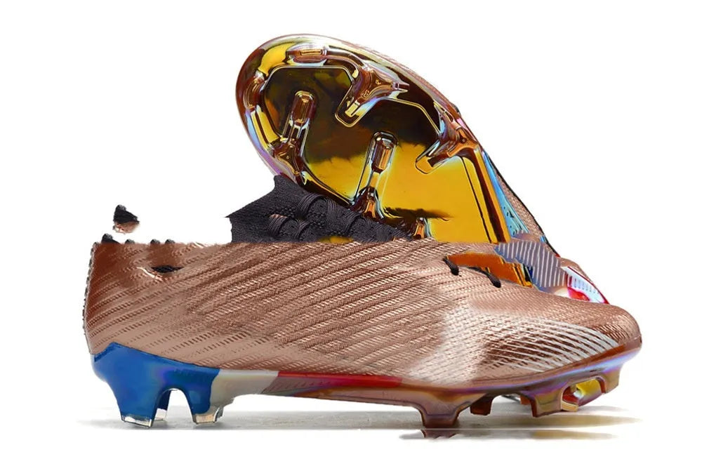 Men's knitted blue and white football shoes with FG studs and a lace-up front.