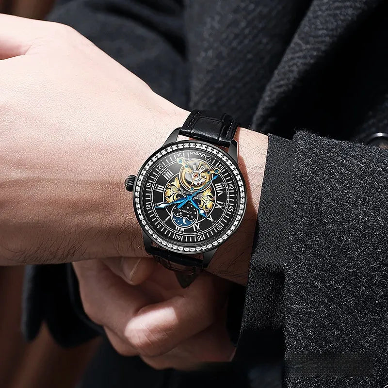 Men's mechanical waterproof watch with transparent case back showing movement and stainless steel butterfly buckle