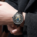 Men's mechanical waterproof watch with transparent case back showing movement and stainless steel butterfly buckle