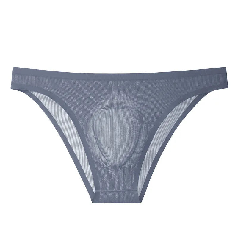 Translucent ultra-thin seamless Ice Silk men's underwear briefs in black stripes, low-waist knitted nylon construction