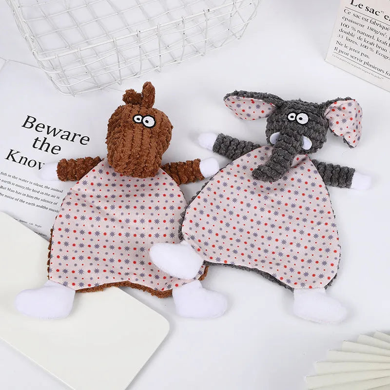 Brown velvet pet toy with fox and elephant designs containing sound paper for dogs and cats