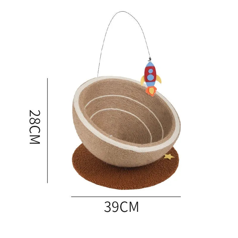 Large integrated cat scratch basin and nest in starlight colour with sisal rope post and flannel bedding.
