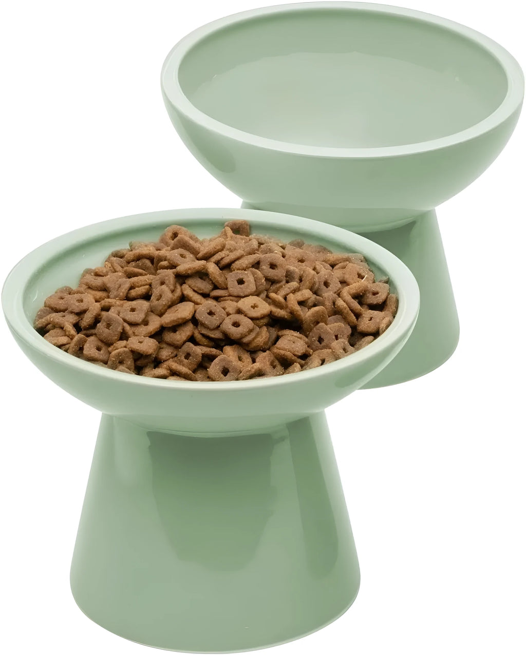 Blue ceramic elevated cat bowl with wide shallow dish and 12cm height for whisker-friendly feeding