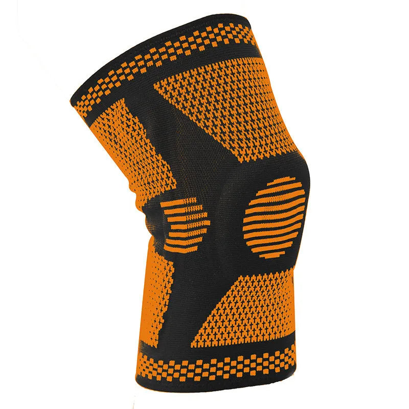 Green silicone spring knee pad for sports, showing polyamide construction and non-slip design on a leg.