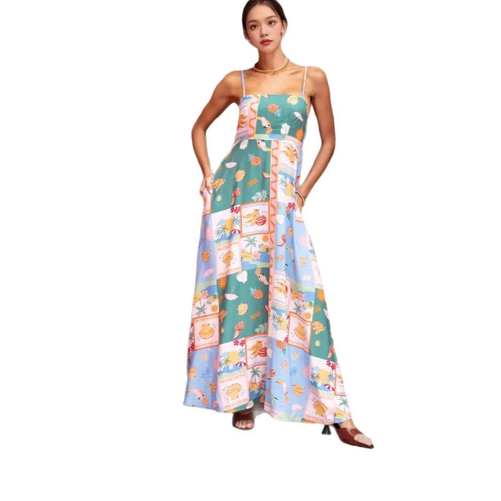 Women's green printed sleeveless flared strap long dress with pockets, polyester fabric