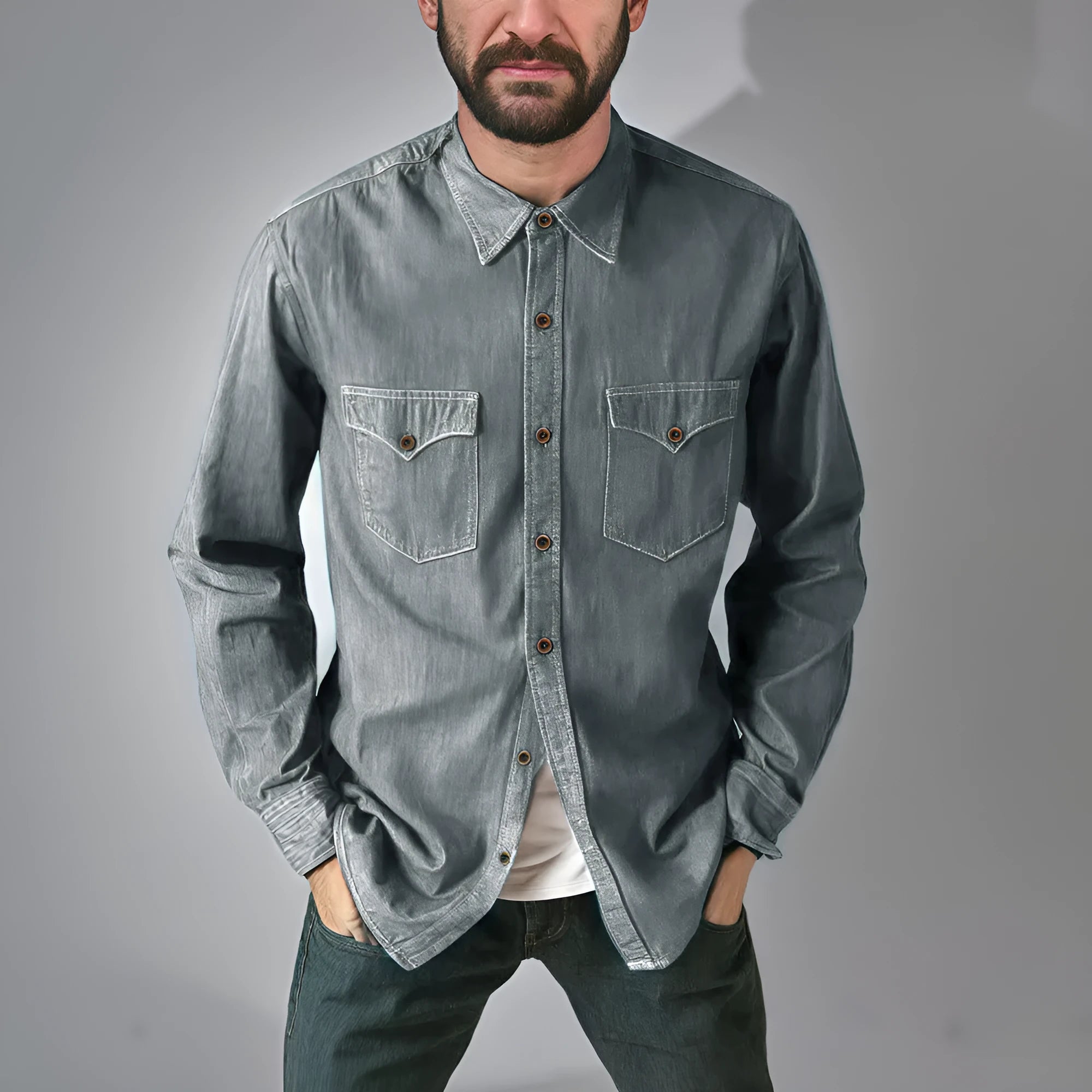 Men's regular fit cotton denim cardigan coat in khaki, shown open as a layering piece.