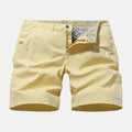 Men's printed denim shorts with elastic waist in straight leg cut