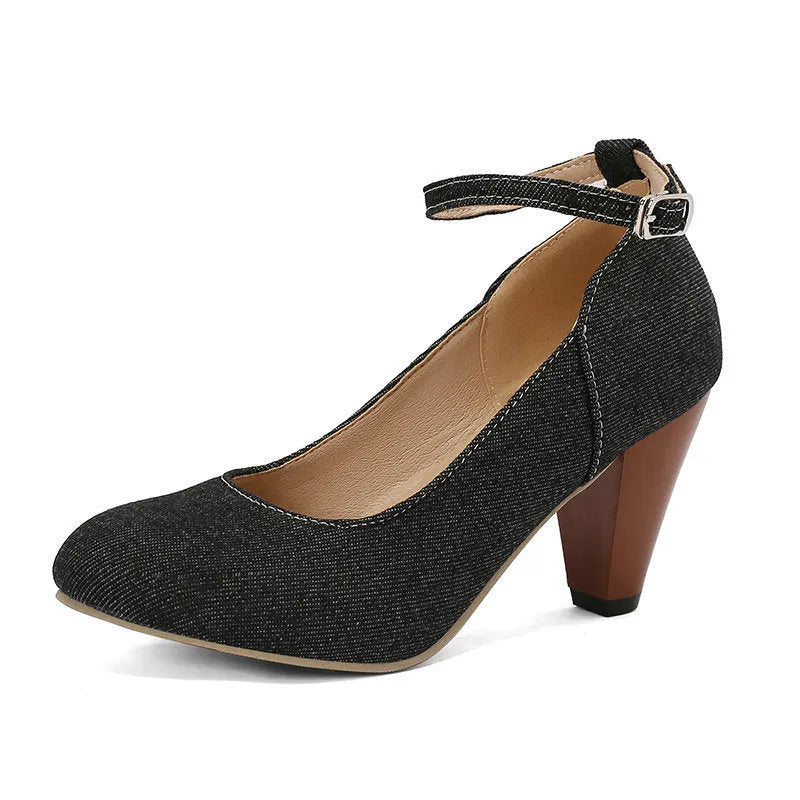 Women's blue denim platform high heels with an ankle buckle and waterproof sole.
