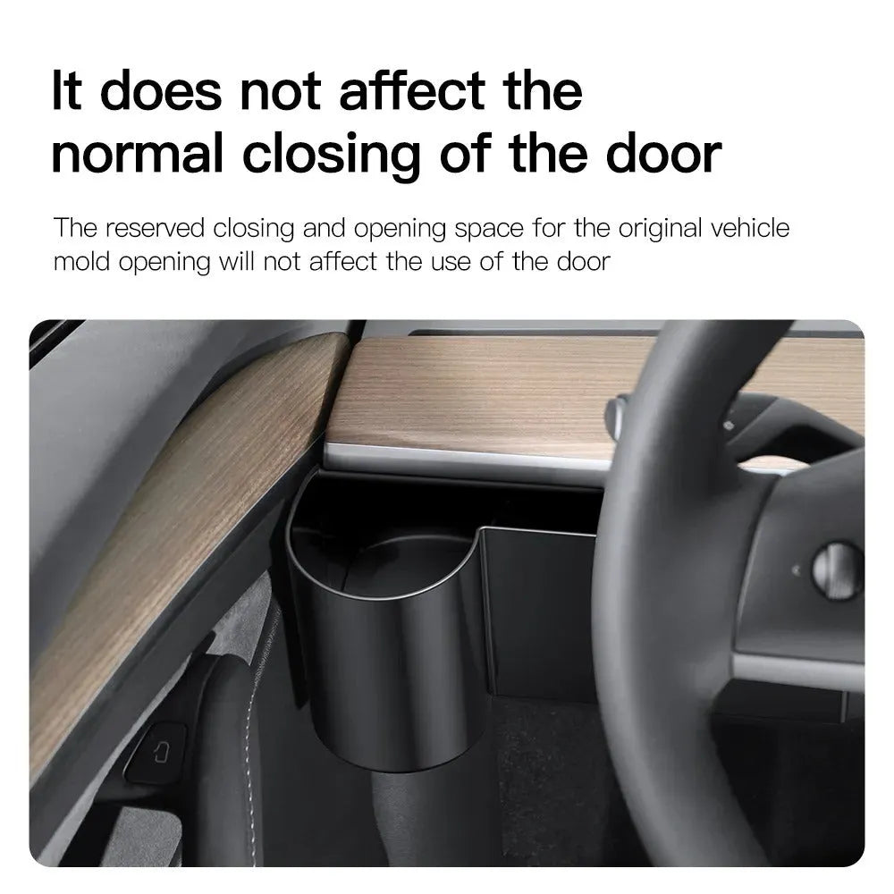 Plastic waterproof cup holder for Tesla Model 3 and Model Y dashboard, shown with a handle.