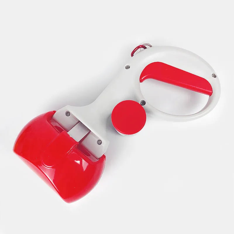 A black ABS plastic pet pooper scooper with an integrated trash bag holder and a top hook.