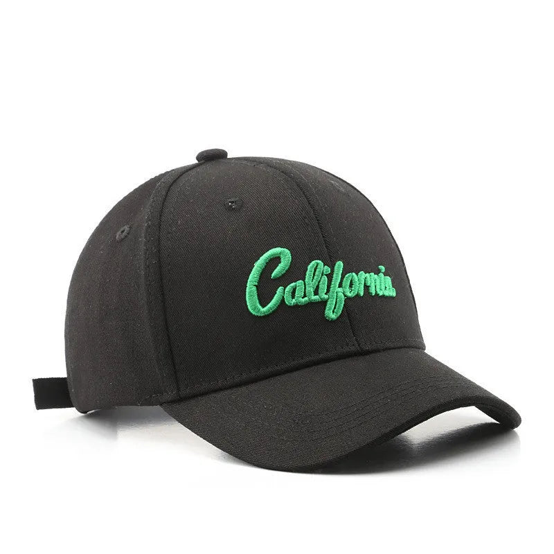 Cotton baseball cap with letter embroidery, curved brim, dome top, adjustable size, in green colour.