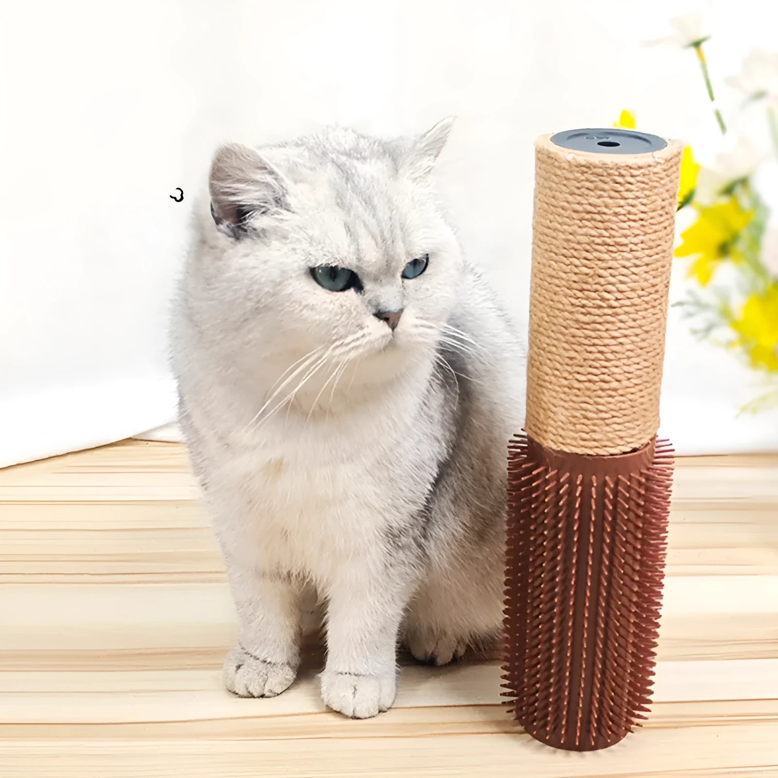 Brown sisal fibre cat scratching post measuring 30cm tall with rope texture for claw sharpening