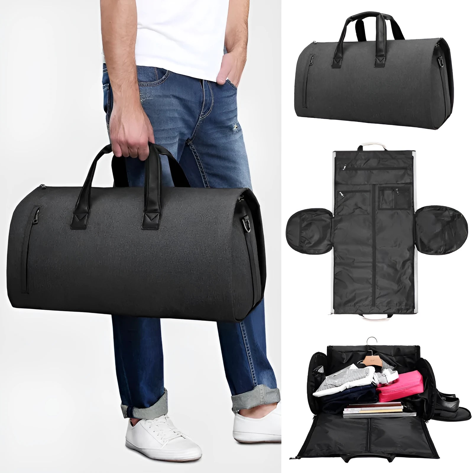 Medium oval travel bag in light grey oxford cloth, open to show internal organiser bags including camera insert and document pockets.