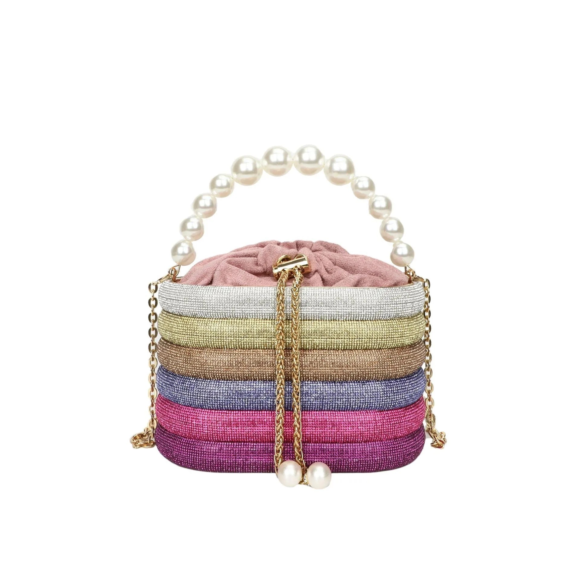 Retro style women's crossbody handbag with pearl beads in soft PU leather, shown in round shape.