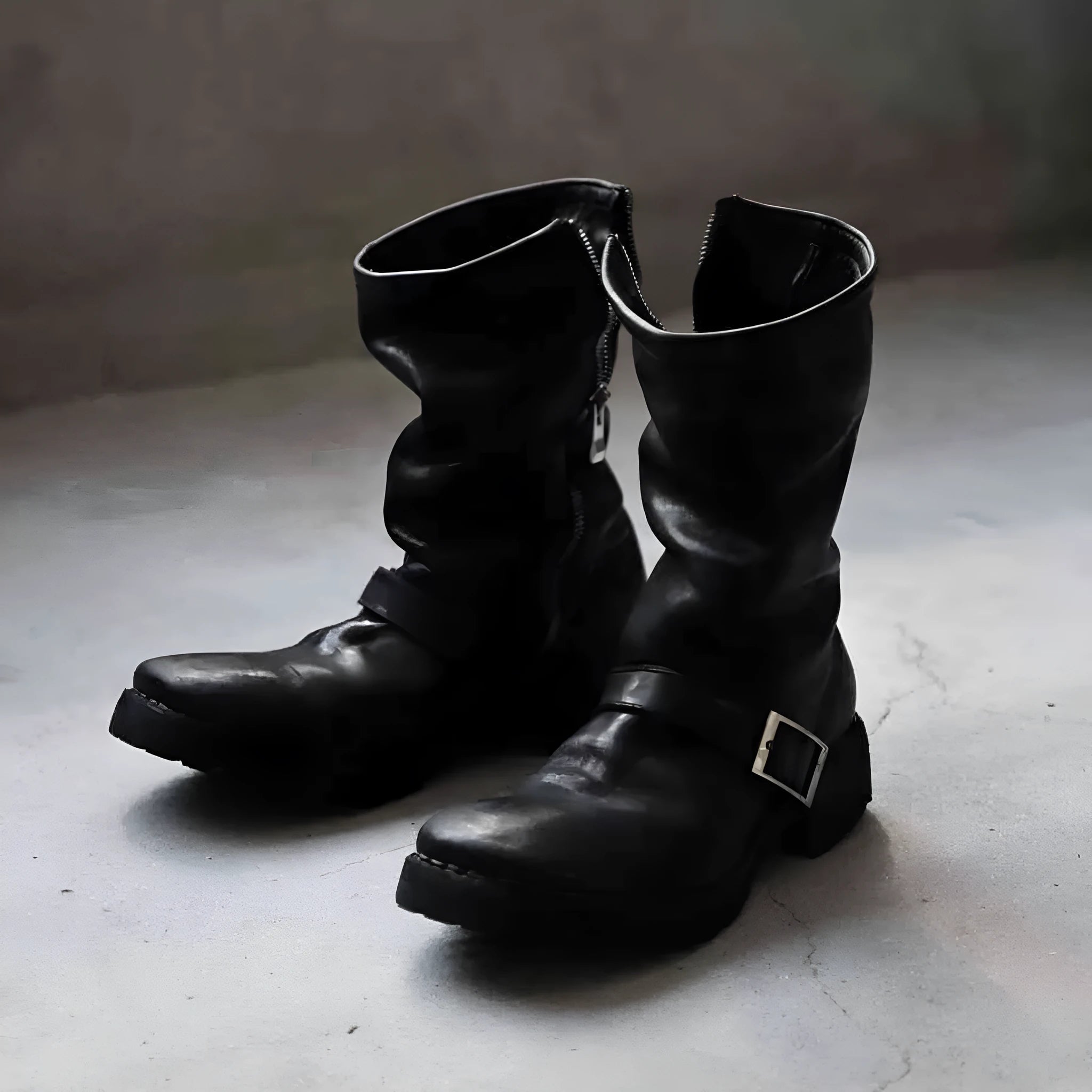 Men's dark retro Martin ankle boots with side zipper closure in black colour