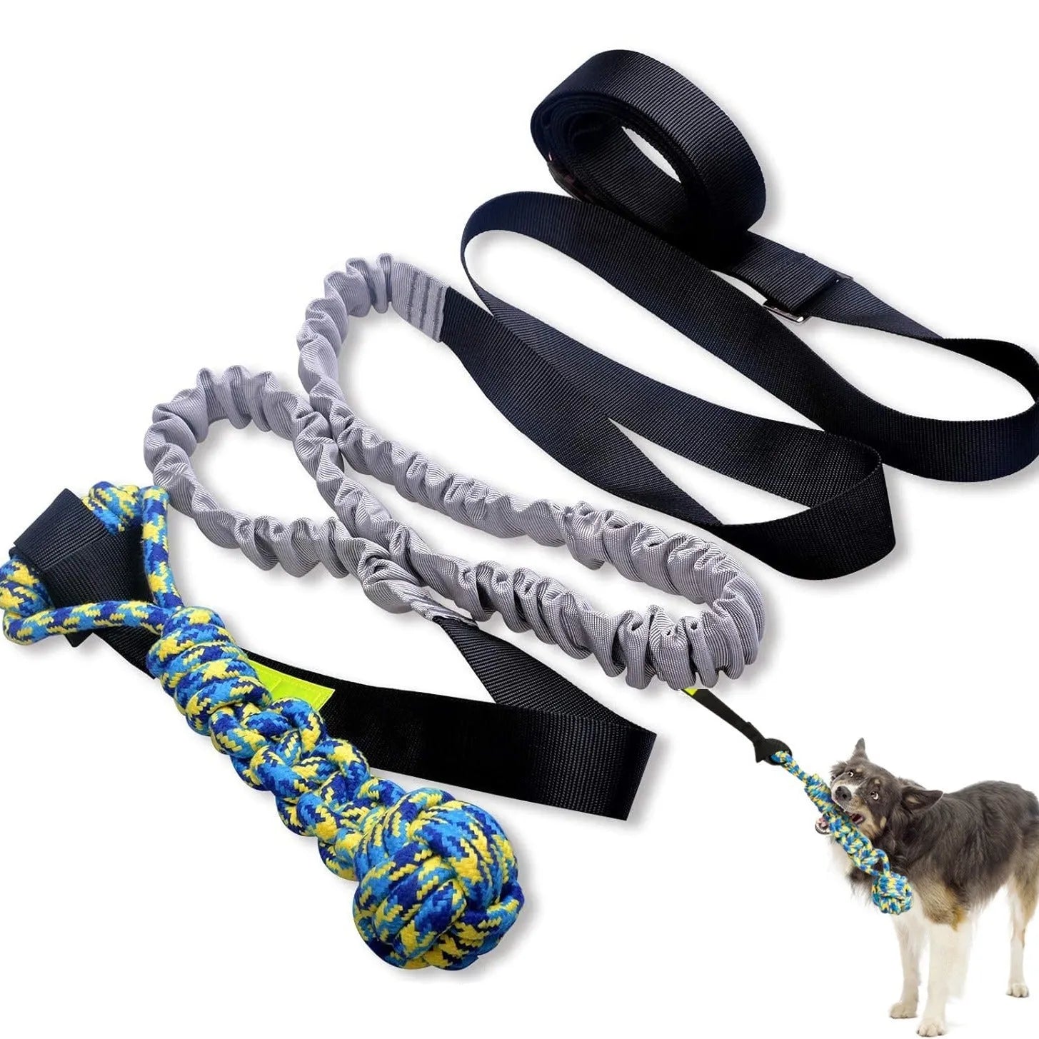 Green dog tug of war rope toy with cotton rope and a choice of corncob, teether ball, or handle draw attachments.