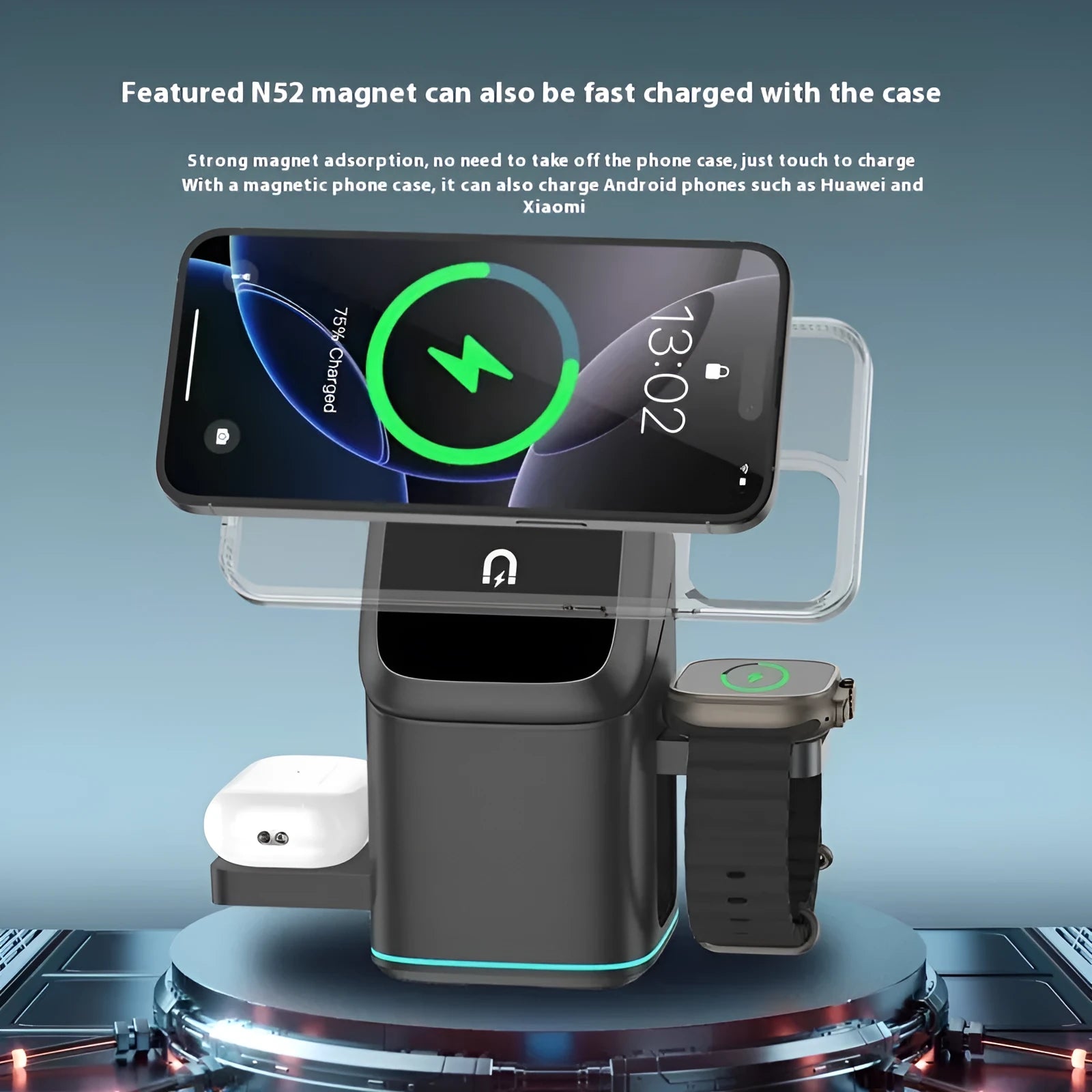 Black and silver mobile phone magnetic wireless charging stand showing 180-degree rotation capability