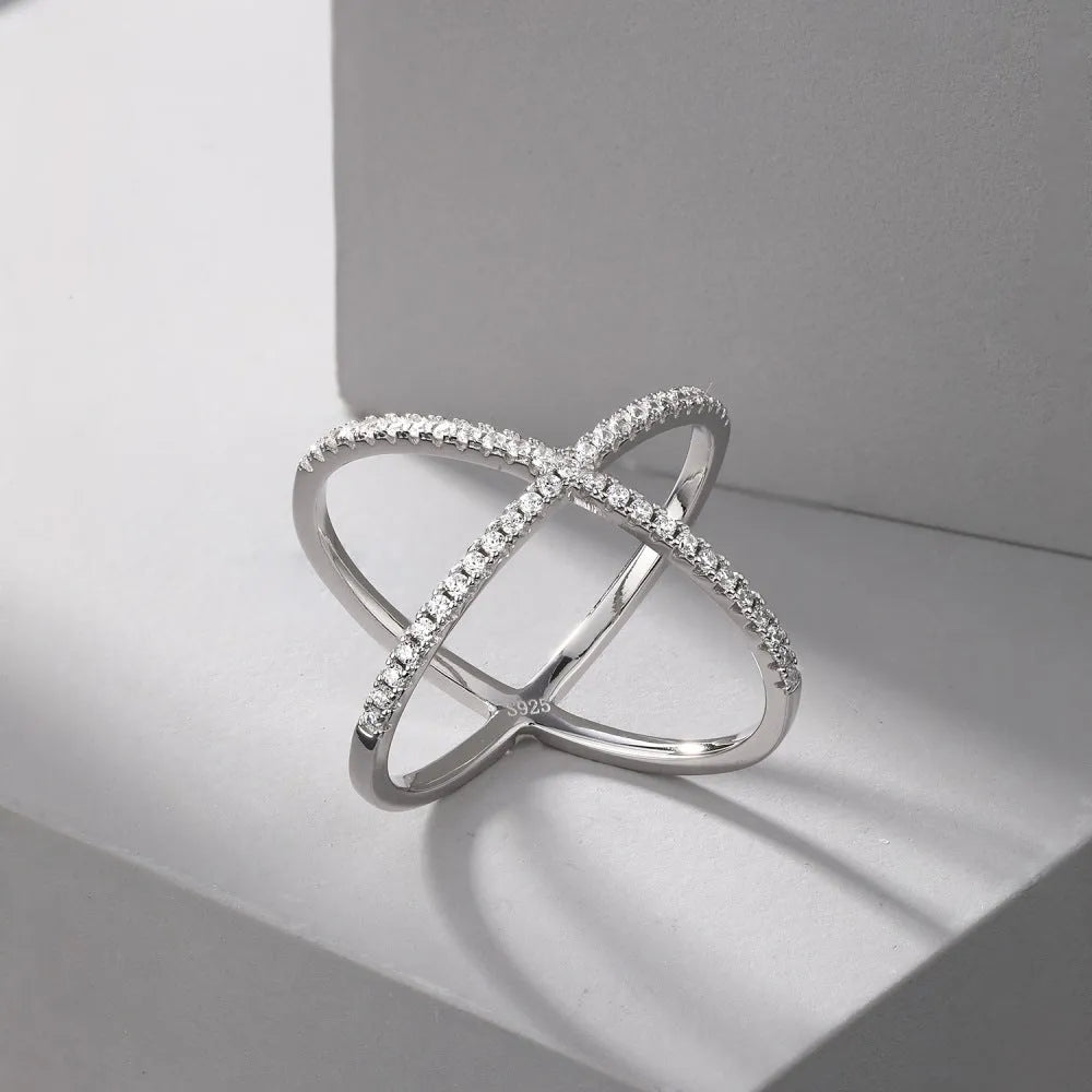Female Zircon Inlaid Cross S925 Sterling Silver Ring Silver Colour Electroplated Finish