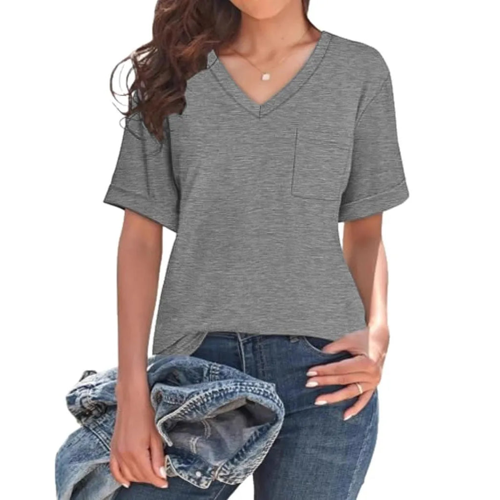 Grey loose V-neck pocket T-shirt with short sleeves on hanger