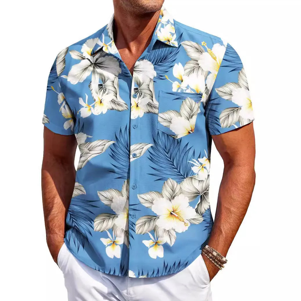 Men's slim fit Hawaiian short sleeve shirt in elastic polyester fabric.