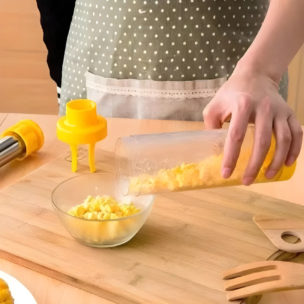 Yellow cylindrical corn stripper tool with stainless steel threshing mechanism
