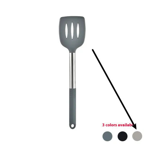 12-piece silicone kitchenware set with rotating storage bucket showing utensils in black, dark grey or khaki colours