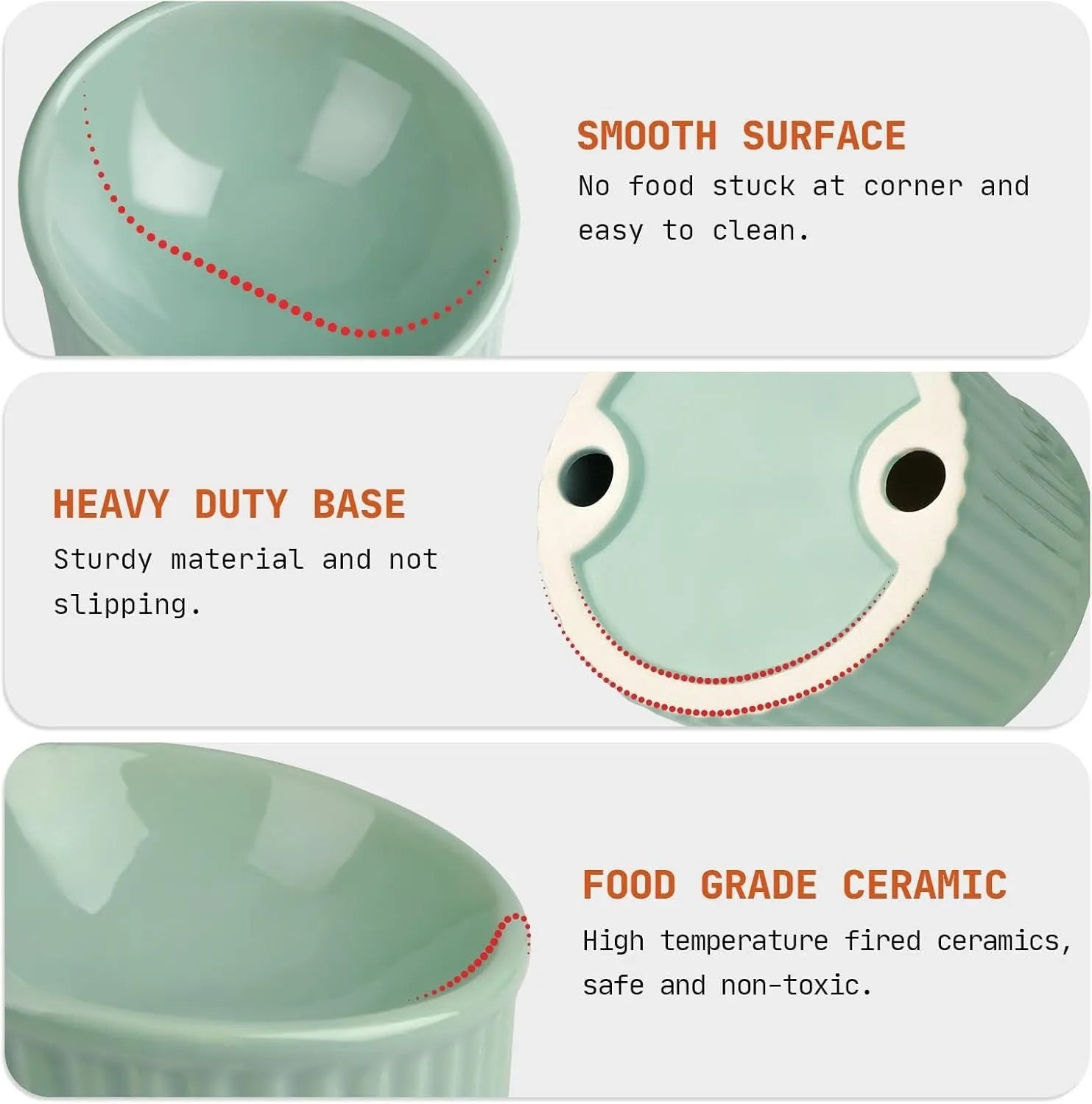 Elevated ceramic cat bowl in green, showing tilted design and raised height for feeding.