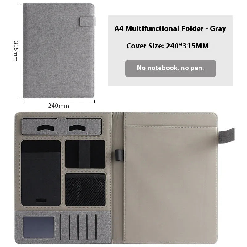 Leather A4 business folder in black showing document, pen, and notepad compartments
