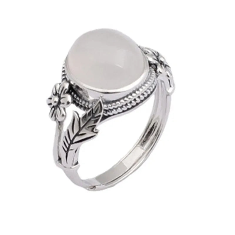 Adjustable copper ring with imitation white chalcedony stone and vintage styling