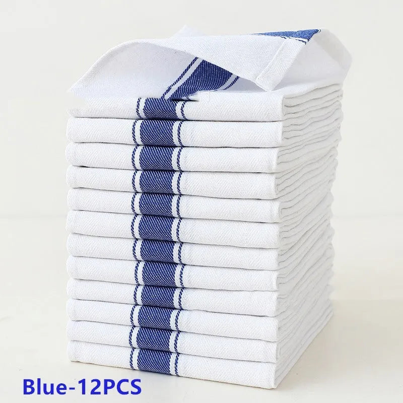 Set of twelve striped cotton dish towels in assorted colours, shown flat to display 48x70cm size.