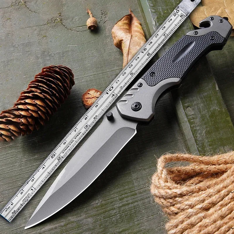 Alloy folding pocket knife shown open, highlighting blade and handle with choice of finish.