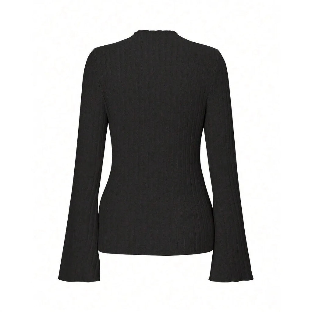 Long sleeve round neck top in brushed polyester with lantern sleeves and sunken stripe pattern