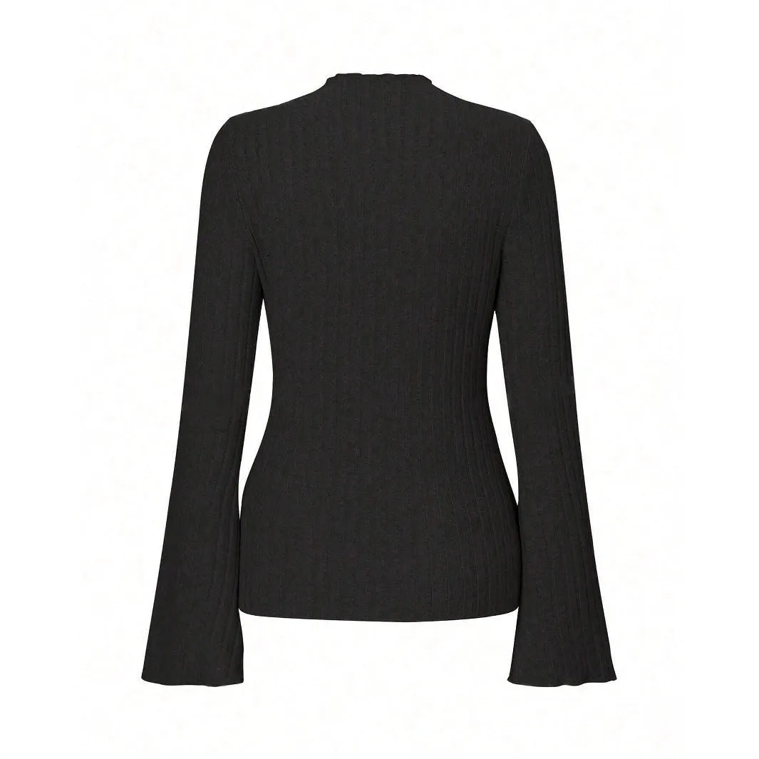 Long sleeve round neck top in brushed polyester with lantern sleeves and sunken stripe pattern
