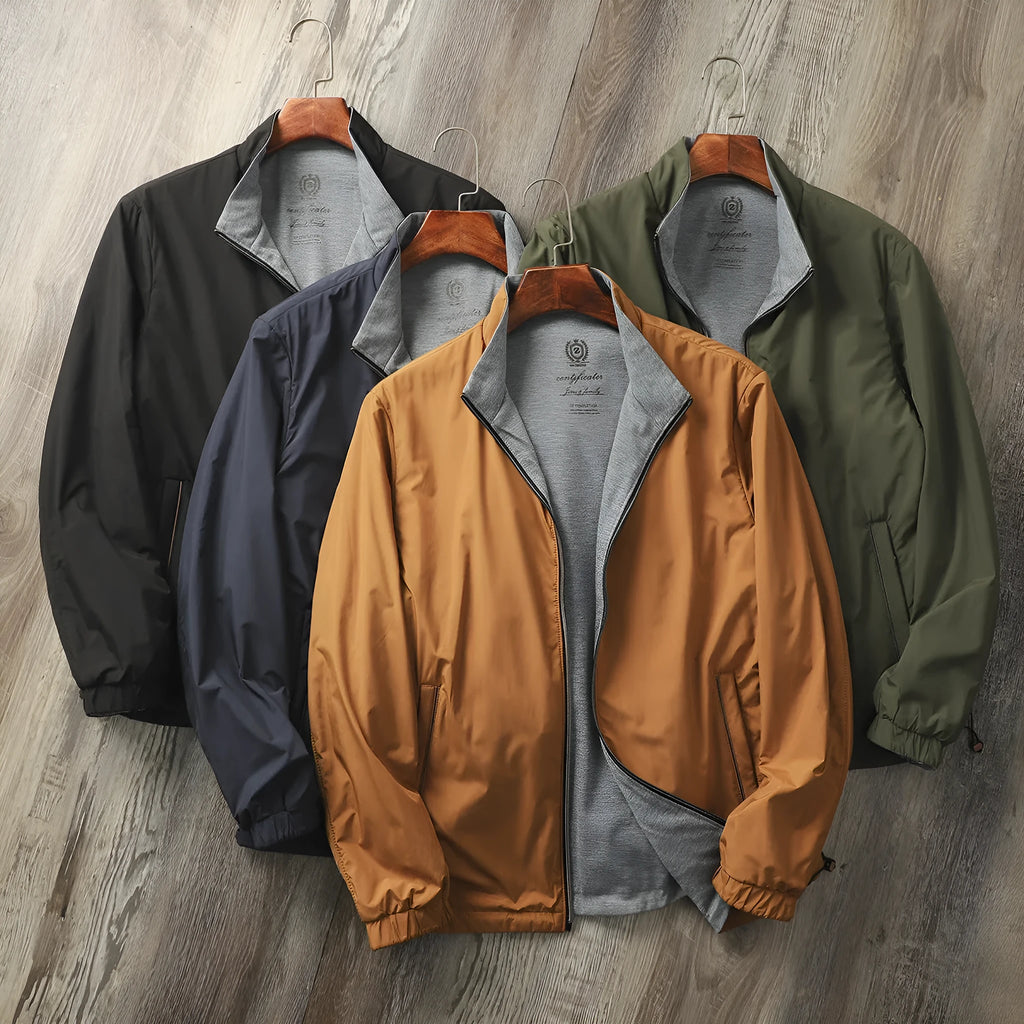 Men's simple stand collar jacket in a polyester blend, shown in Army Green colour.