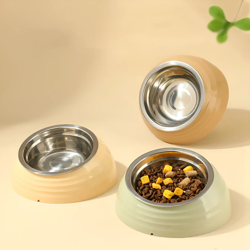 Stainless steel cat bowl in plastic stand available in beige, brown or light green colours