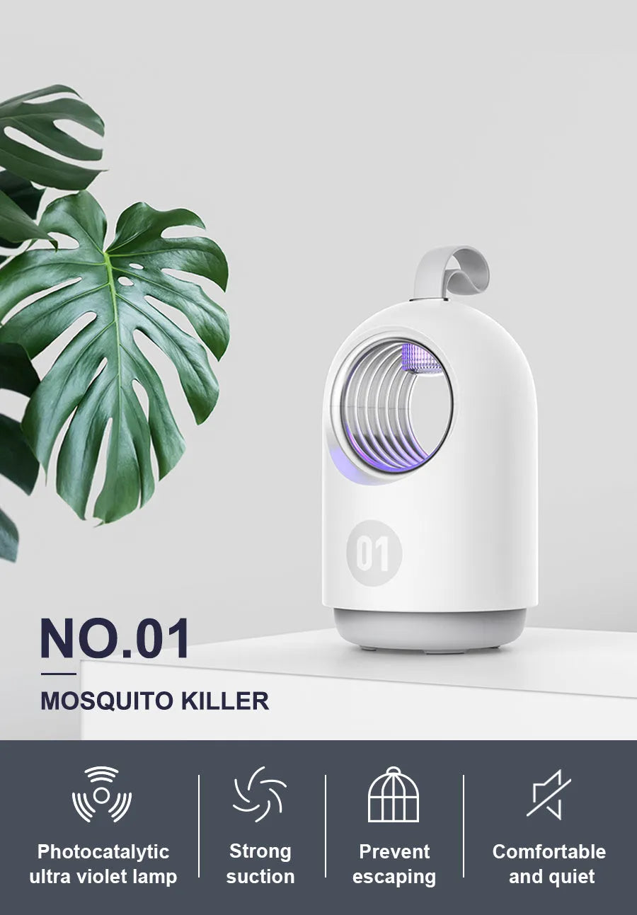 White and blue portable mosquito killer lamp with UV light, fan, and carry handle