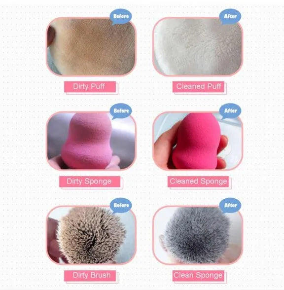 50ml makeup brush cleaning liquid in a clear plastic bottle with blue cap, 9x3x3cm size
