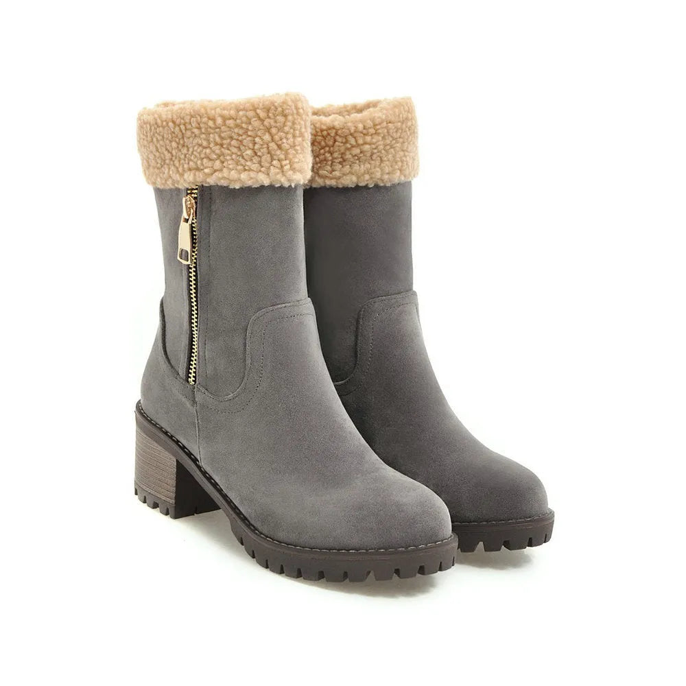 Snow boots with rubber sole and plush lining in black, grey, green, or orange