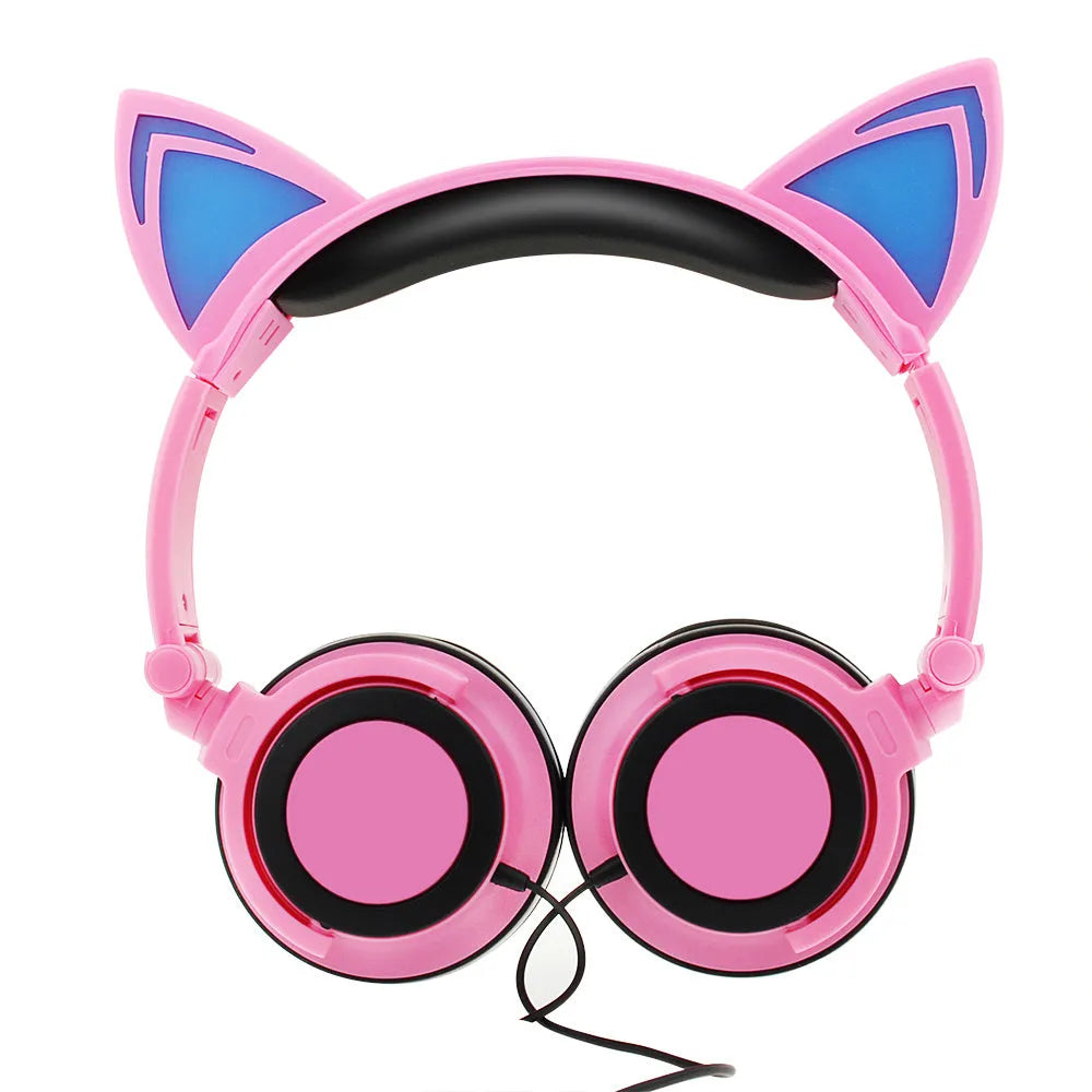 Black cat ear headphones with illuminated blue LED lights on the ears and ear cushions.