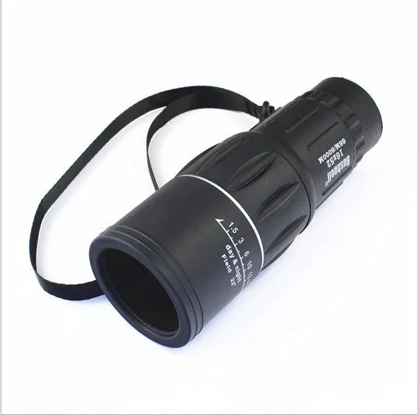Black 16x52 high-power monocular with large objective lens, shown with dimensions of 145mm by 52mm.