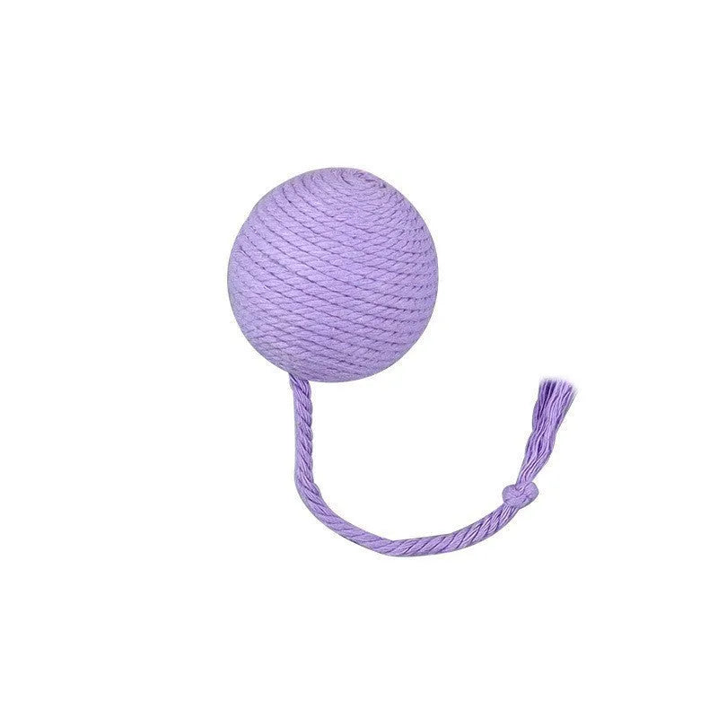 Colourful cat toy ball with rope and built-in bell available in green pink purple yellow for kittens
