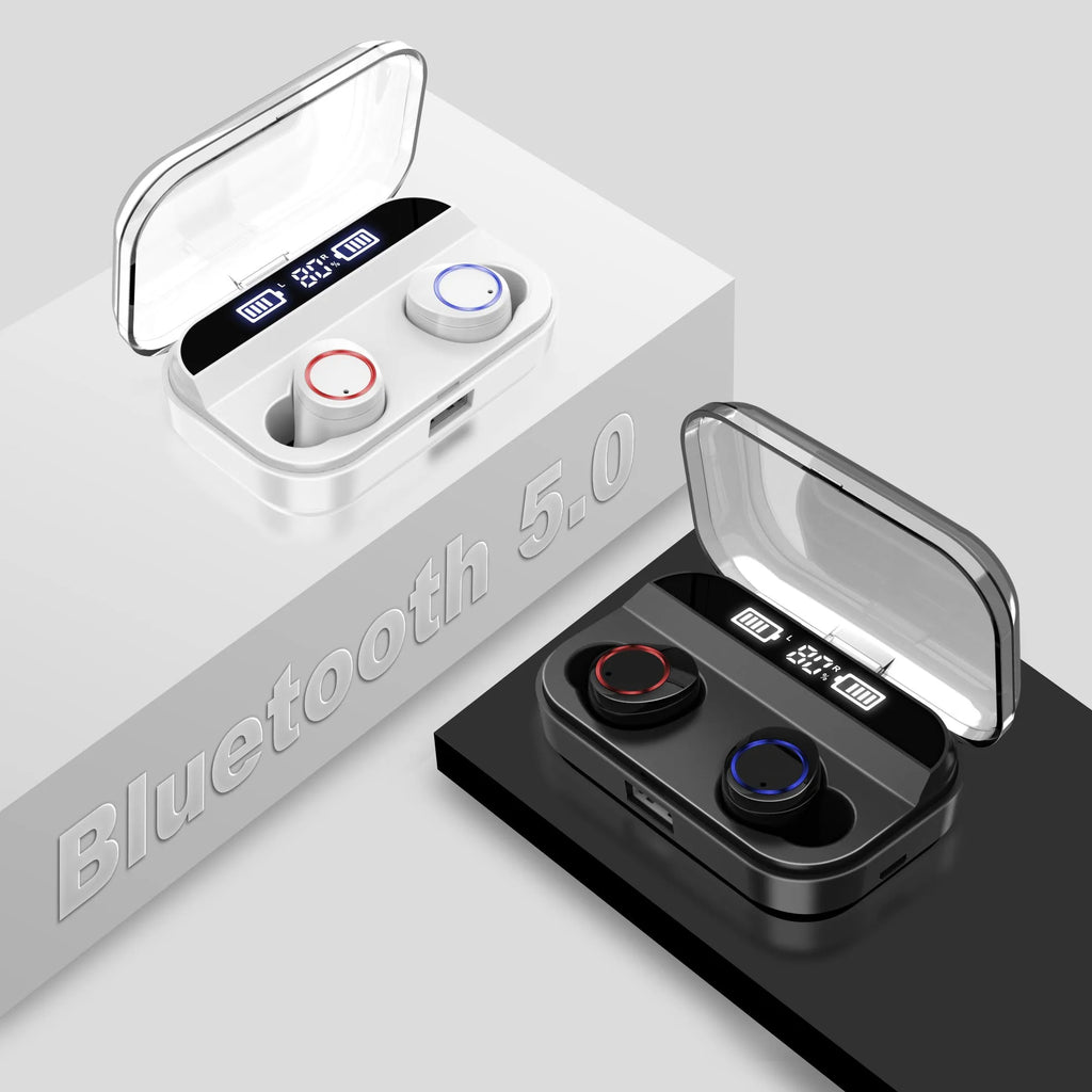 X11 black wireless Bluetooth earphones and charging case with silicone ear tips.