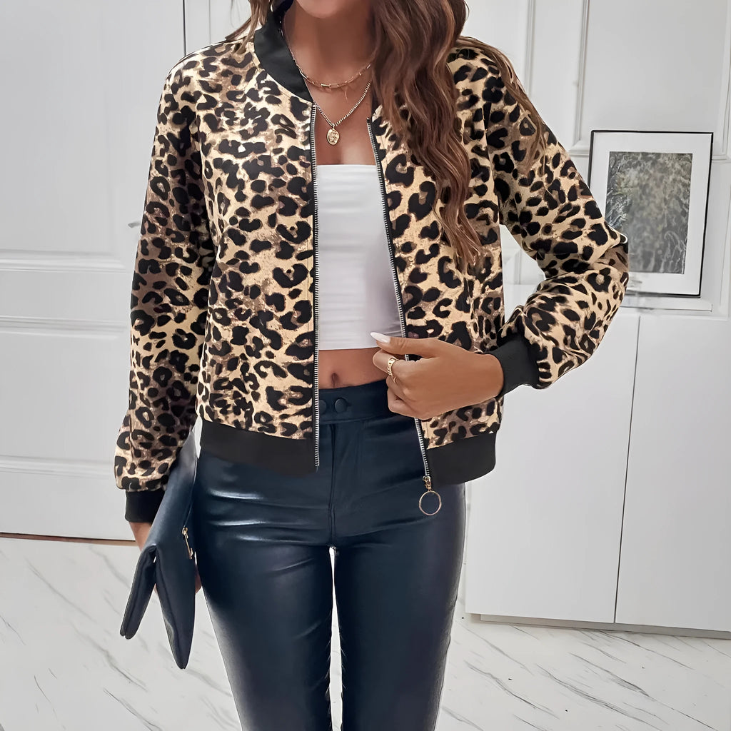 Women's leopard print polyester jacket with long sleeves, normal 50cm length, front view
