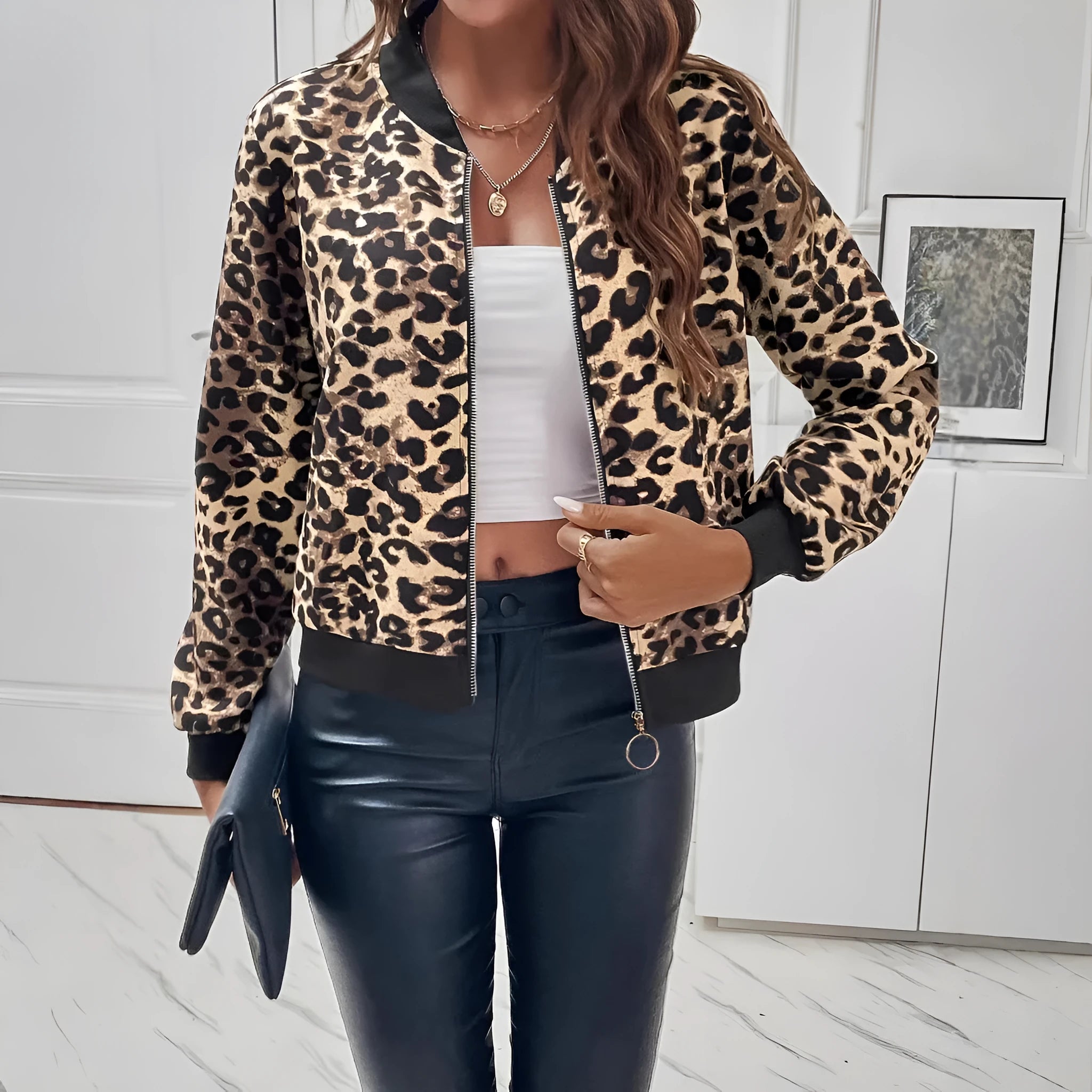 Women's leopard print polyester jacket with long sleeves, normal 50cm length, front view