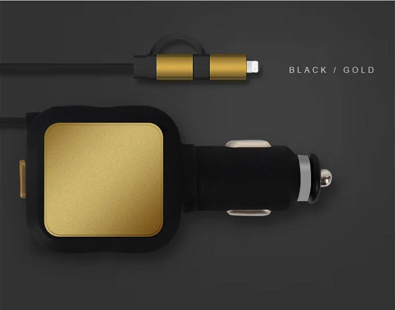 Black and gold dual USB car charger with retractable cable for vehicle use