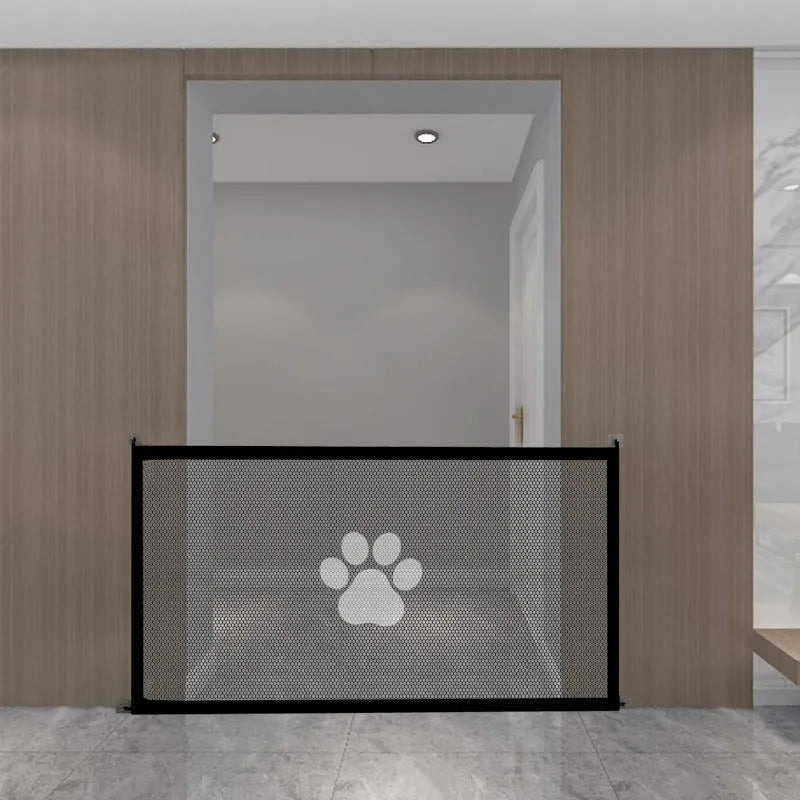 Folding pet barrier safety net with plastic rods showing dog footprint design in black or white colour options