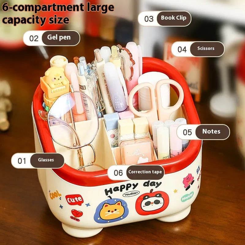 Cartoon-style red and brown plastic desktop storage box with grid compartments for organising pens and stationery.