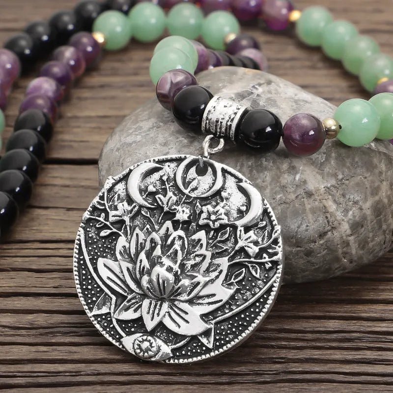 Yoga lotus pendant necklace with matching bracelet, adjustable 51-80cm length, handmade stone beads