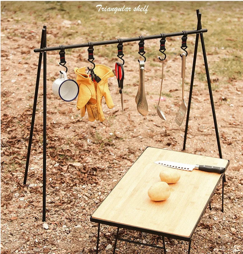 Folded and unfolded aluminium camping drying rack with hooks and side hanger.